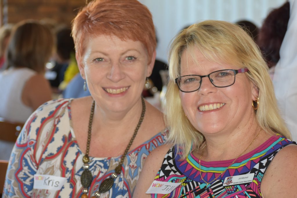 Kris Brookes and Jill Mitchell were all smiles at the Women of Warwick breakfast. Photo Jayden Brown / Warwick Daily News